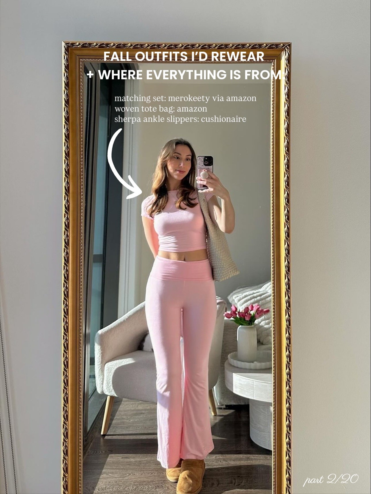 fall outfits I’d rewear and where each piece is from! part 2/20 🧸🍂☁️

• pink stretchy cotton matching set: merokeety via amazon - wearing s (tts). Also added similar sets in case the og is out of stock!

• woven vegan leather tote bag: amazon - shade: creamy white 🤍 I paid over $50, but the bag is currently on sale for less than $40 so run, don’t walk!! 

• chestnut sherpa short slippers: cushionaire vegan suede Hilo shoes via amazon - sized up to a 9 so they’d be comfy for wearing around the house 🫶

lmk if you have any q’s! 🤍🤍 

[autumn outfit ideas, pinterest ootd inspo, cozy fits for fall, holiday 2025 casual looks, everyday comfy fashion trends, it girl vibes, pastel fashion, pink pilates princess] 

#LTKFindsUnder50 #LTKSeasonal #LTKStyleTip