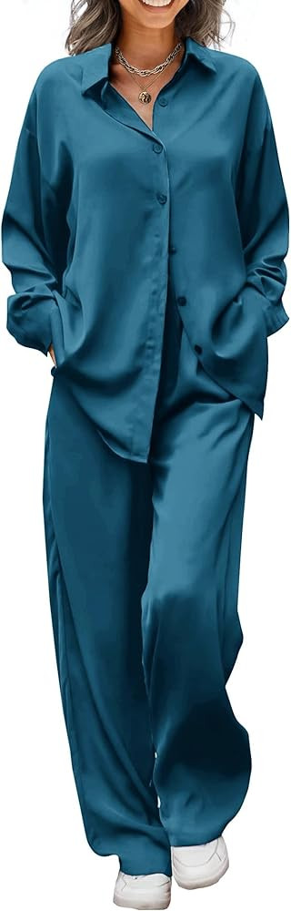 Ekouaer Womens 2 Piece Silk Satin Pajama Set Long Sleeve Lounge Sets Button Down Shirts and Pants... | Amazon (US)