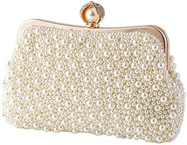 Women Pearl Evening Bag Bride Beaded Clutch Purse Cream White for Wedding Party | Amazon (US)