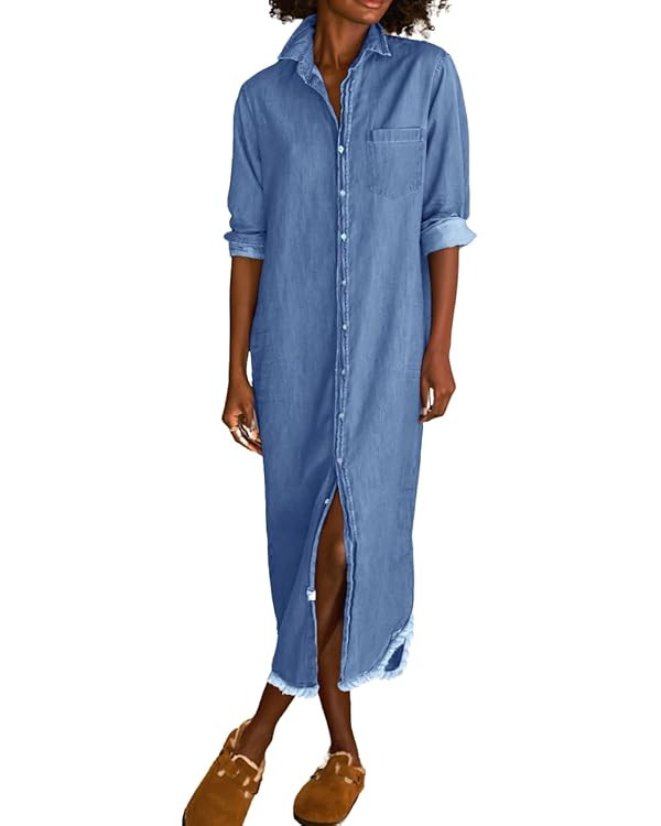 chouyatou Women's Spring Long Sleeve Button Down Denim Shirt Dress Lapel Distressed Midi Long Jea... | Amazon (US)