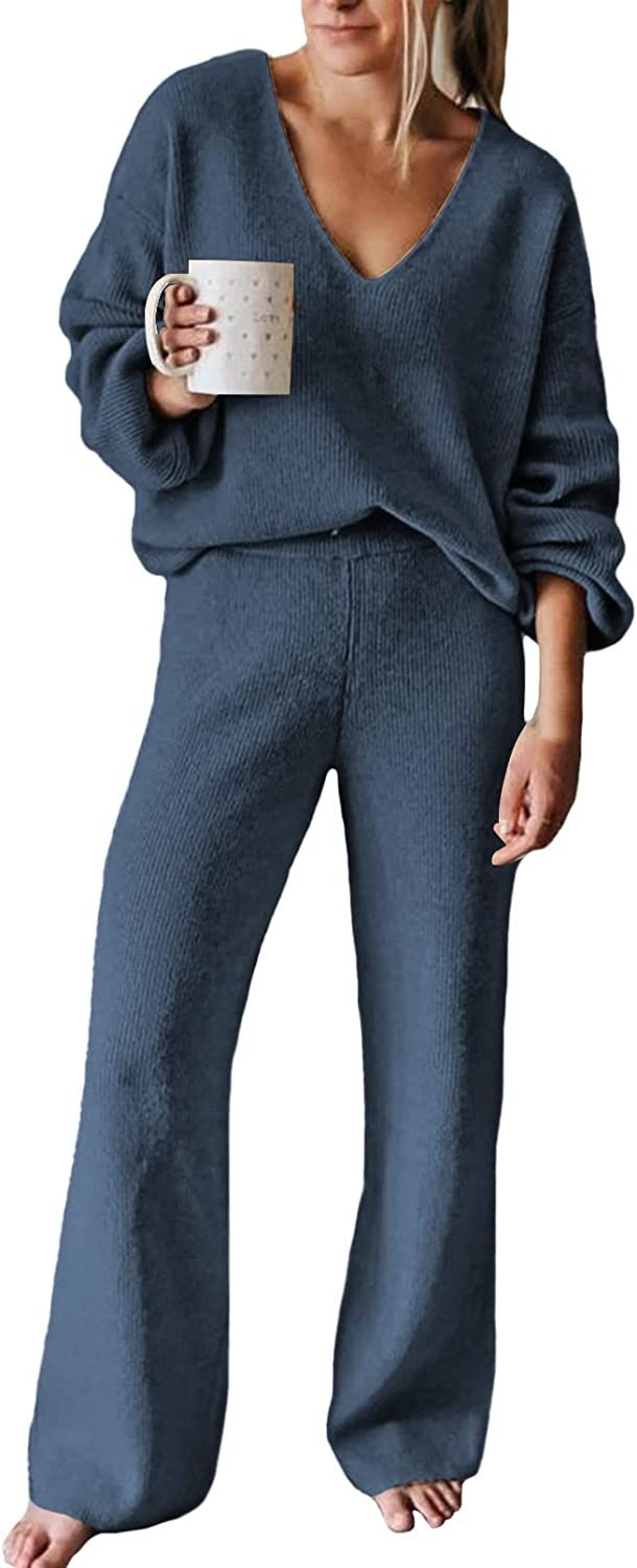 Viottiset Women's 2 Piece Outfits Casual V Neck Knit Wide Leg Sweater Lounge Set Sweatsuit | Amazon (US)