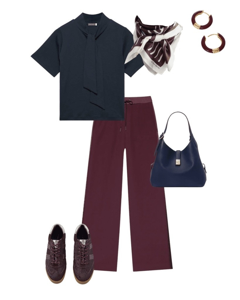 Seasonal transition outfit mixing burgundy and navy. Jogger trousers, burgundy trainers and a navy knit top

#LTKuk #LTKstyletip #LTKover50style