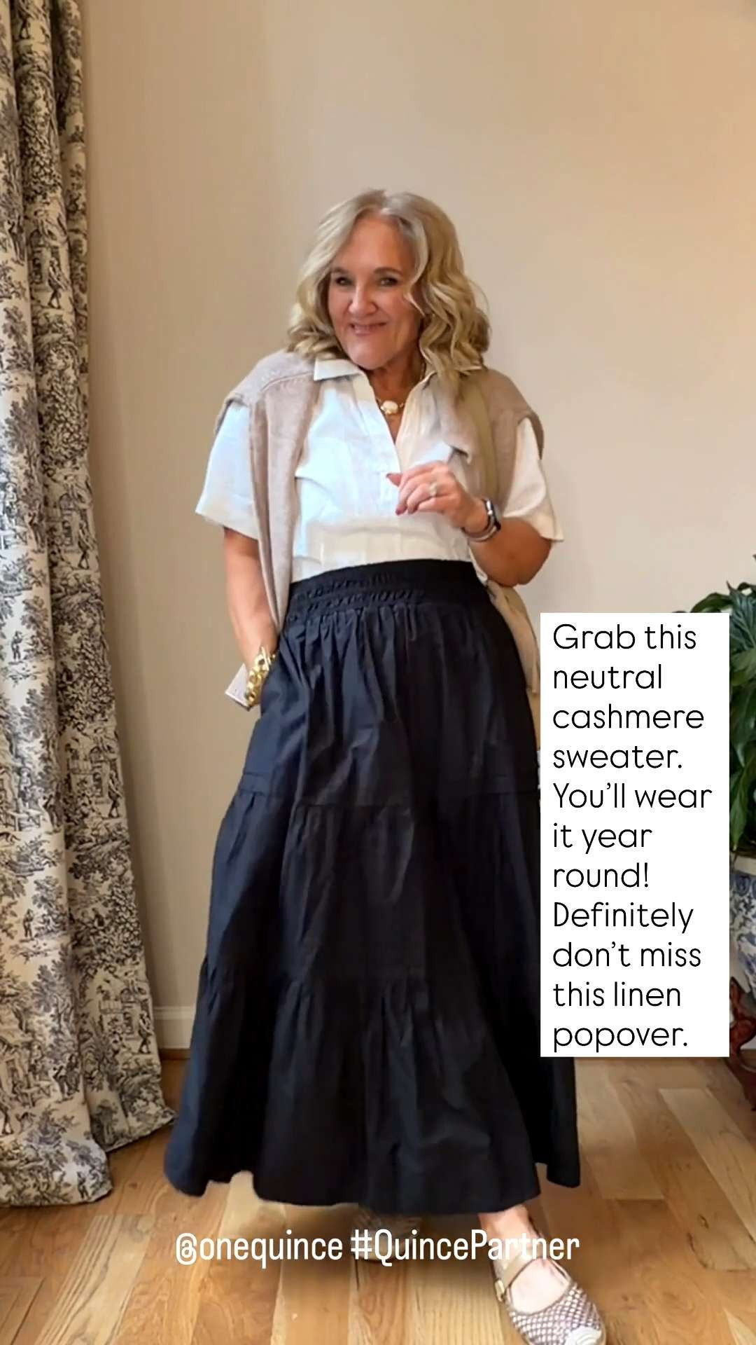 This outfit is the perfect mix of classic and effortless 🤍 The neutral cashmere sweater layered over the crisp linen popover adds such a polished touch, while the flowy black maxi skirt keeps the look relaxed and feminine. 🫶🏻 

 #LTKootd #LTKSeasonal #LTKOver40