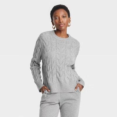 Women's Cable Crewneck Pullover Sweater - A New Day™ Light Gray XL | Target