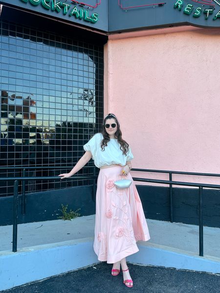 MIKOH Opihi Bubble Sleeve Crop Top from shopbop, white blouse, anthropologie Forever That Girl 3D Rose Maxi Skirt, peach / pink midi skirt, floral print, spring / summer, date night outfit, gucci hot pink marmont sandals heels, designer pink shoes, gold jewelry from Amazon (hoop earrings, rings), rayban sunglasses, thin white satin ribbon from amazon for hair bow, acrylic pearl bag / purse

#LTKfindsunder100 #LTKfindsunder50 #LTKstyletip