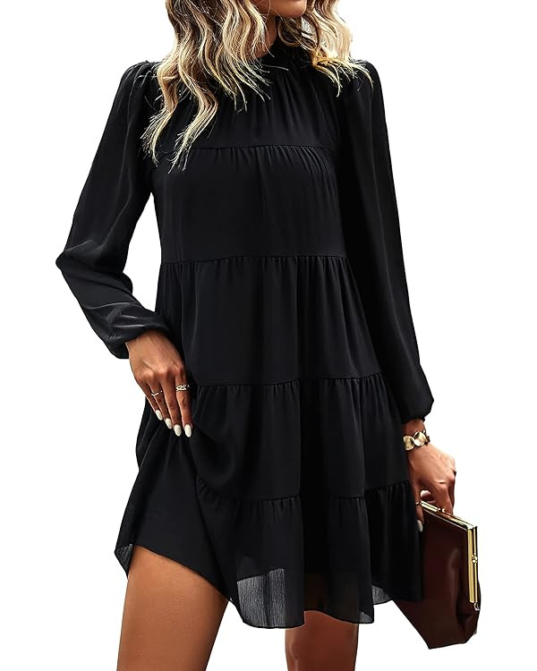 KIRUNDO Long Sleeve Baby Doll Dresses Women 2025 Casual Fall Winter Ruffle Mock Neck Tiered Mini ... | Amazon (US)
