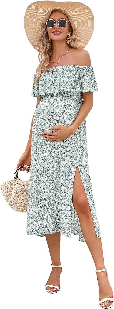 FUNJULY Maternity Dress Women's Off Shoulder Split A Line Casual Maxi Dress Photography Dress for... | Amazon (US)