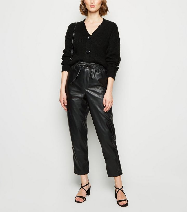 Black Coated Leather-Look Tie Waist Joggers  | New Look | New Look (UK)