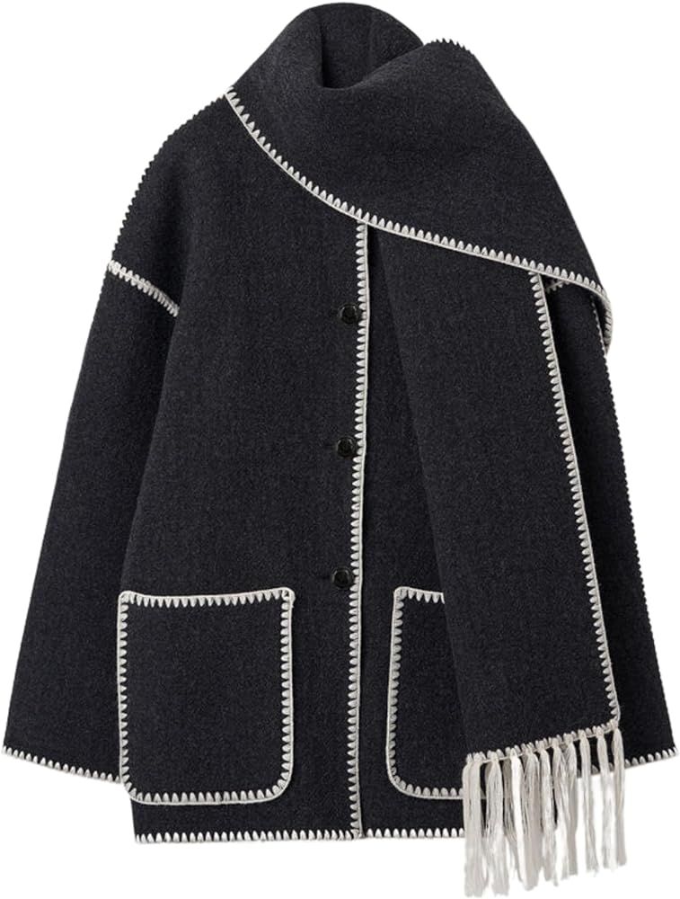 QIBABU Womens Oversized Embroidered Scarf Jacket Crewneck Wool Coat Long Sleeve Tassel Scarf Coat... | Amazon (US)