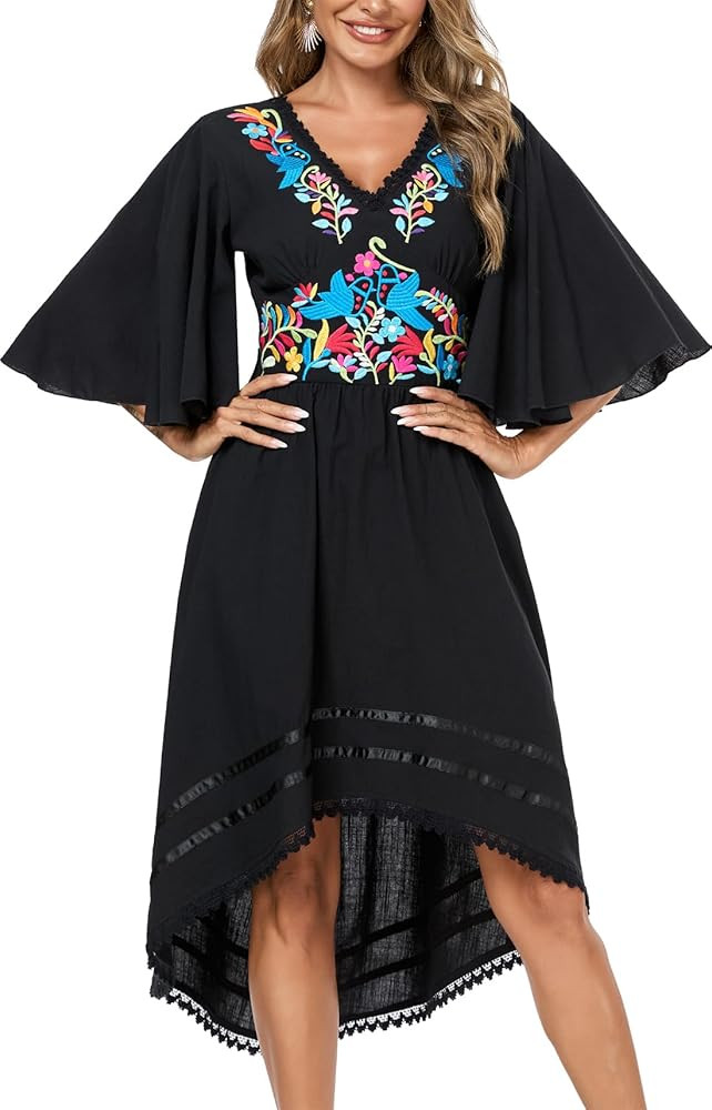Women's Mexican Dress Casual Floral Embroidered V Neck Flowy 3/4 Sleeve Beach Sundress Cocktail D... | Amazon (US)