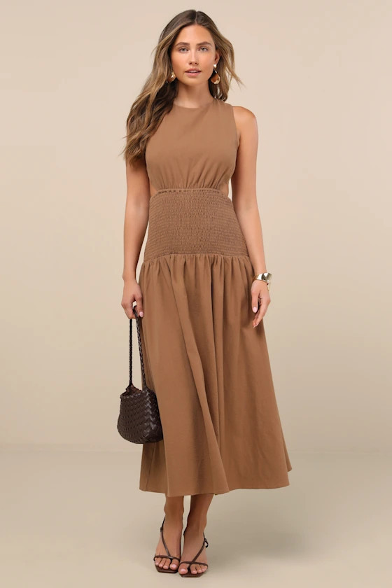 Melina Light Brown Backless Drop Waist Midi Dress | Lulus