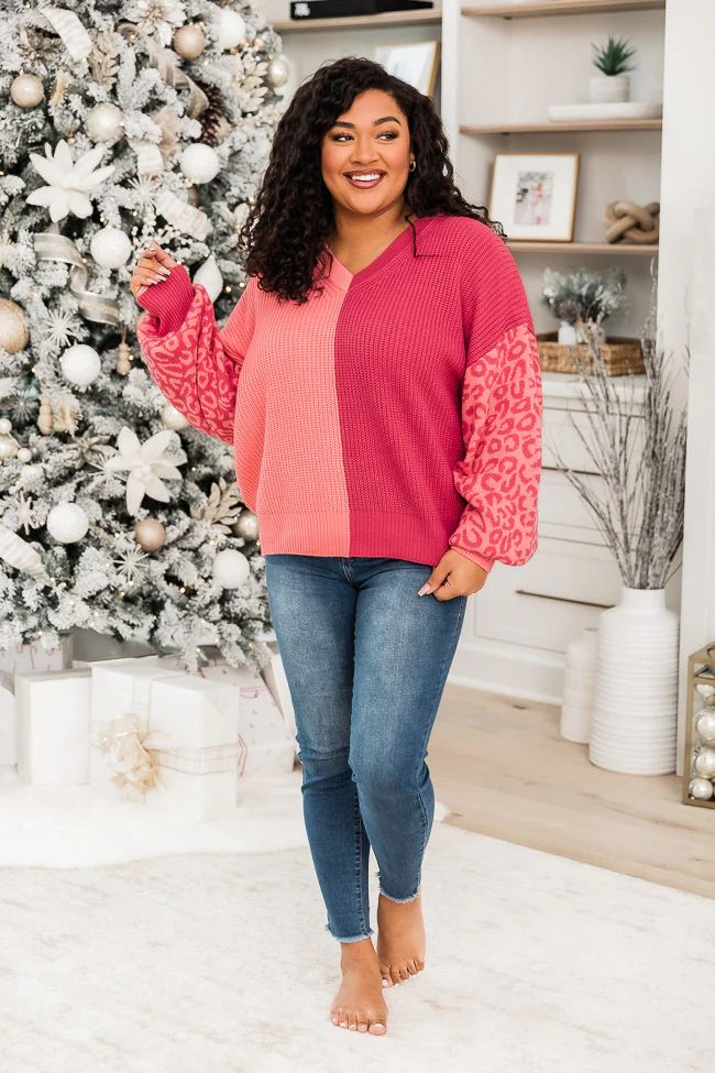 Gift Of Love Pink Colorblock Leopard Print Sleeve Sweater  DOORBUSTER | Pink Lily