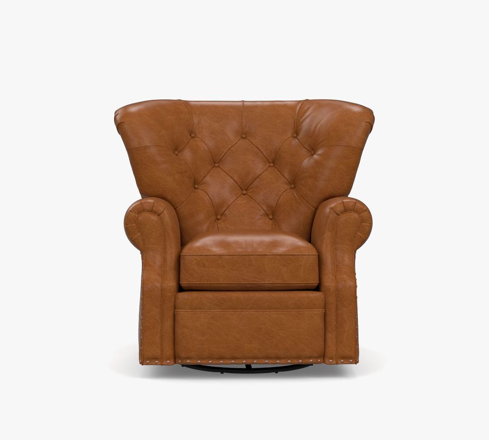 Lansing Tufted Leather Swivel Recliner with Nailheads | Pottery Barn (US)