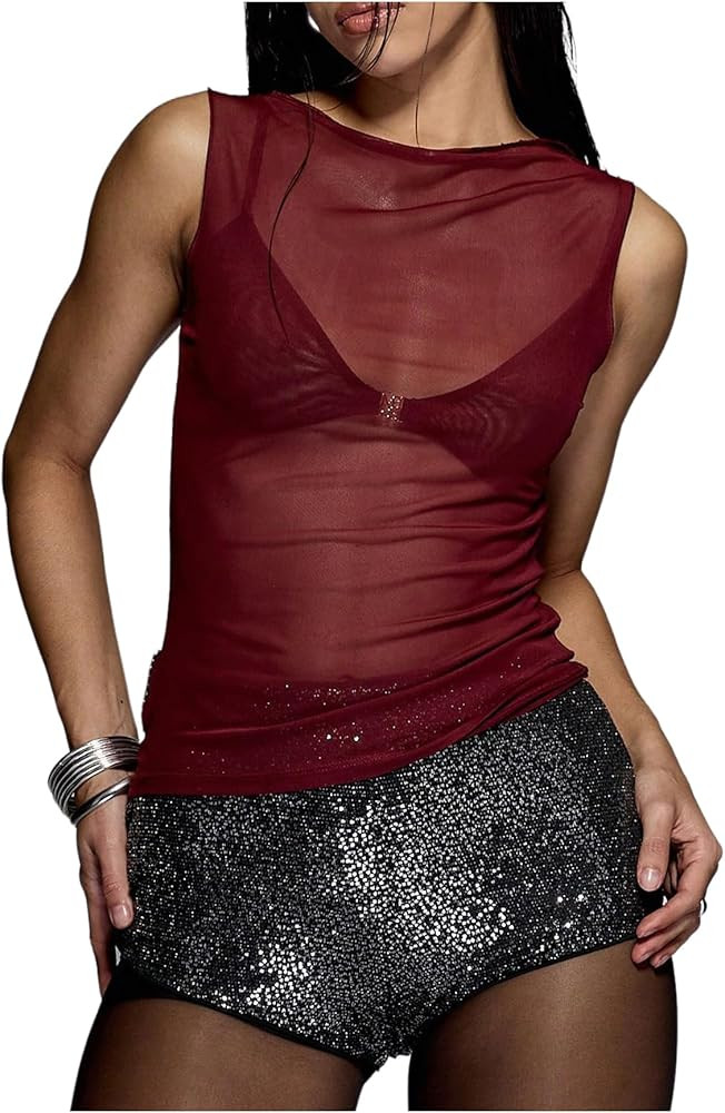 RoseSeek Women's Sheer Mesh Tank Top Sleeveless Slim Fit Fitted Summer Shirts Going Out Tops | Amazon (US)