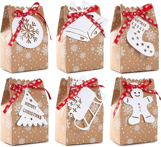 Christams Goodies Bag Xmas Candy Gifts Kraft Bags with Tags Snowflakes Bells Sleigh Christmas Tre... | Amazon (US)