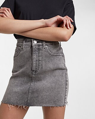 High Waisted Black Raw Hem Denim Mini Skirt | Express