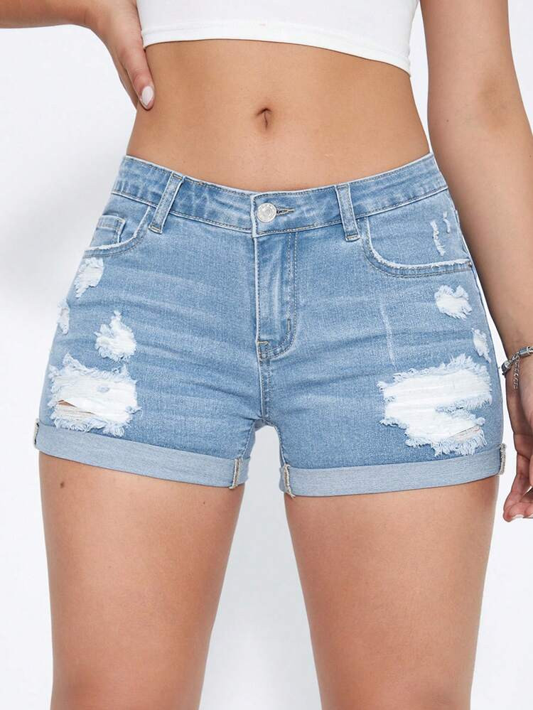 SHEIN EZwear Ripped Roll Up Hem Denim Shorts | SHEIN