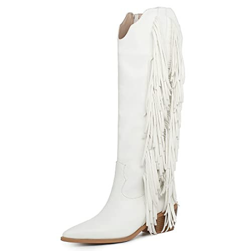 KiutSymo Cowgirl Fringe Boots for Women White Tassels Cowboy Boots Knee High Pointed Toe Western Boots White Size 9.5 | Amazon (US)