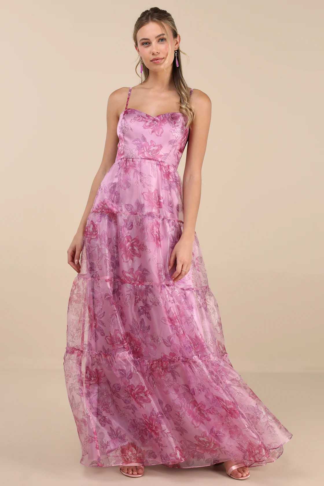 Exclusive Glamour Pink Floral Organza Tiered Maxi Dress | Lulus