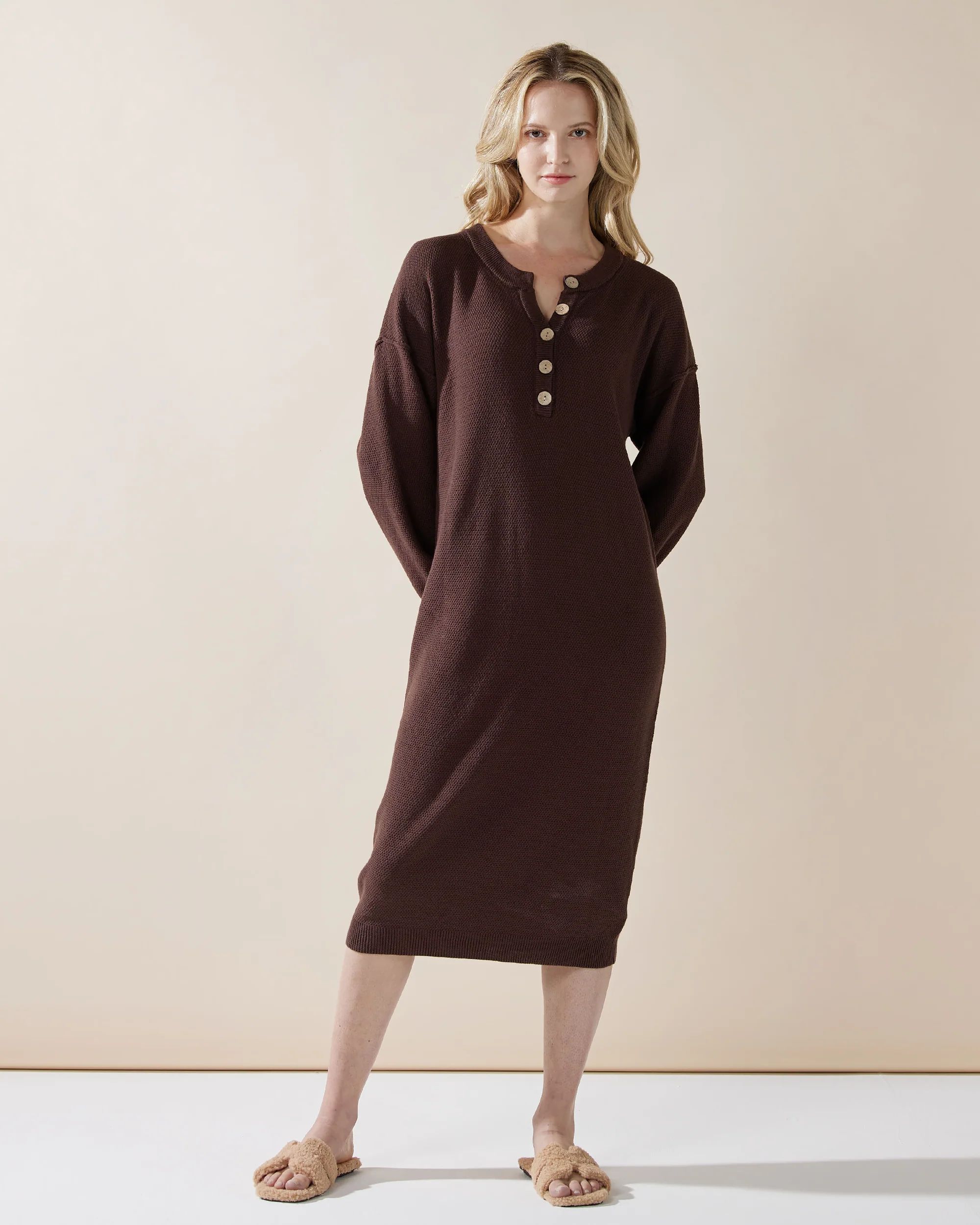 noflik | Button-Front Midi Sweater Dress - Chocolate | Noflik