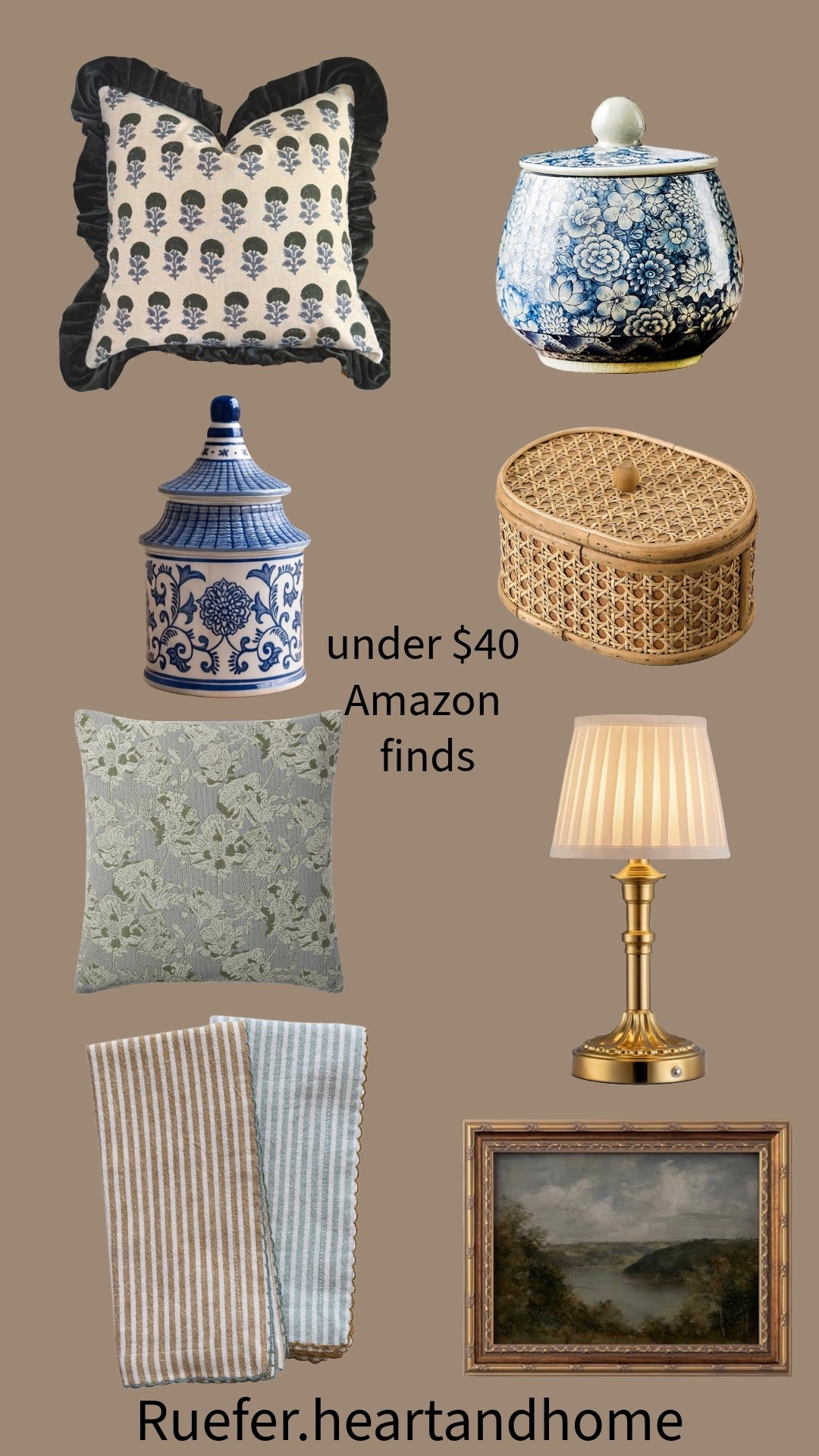 Rattan decorative box, chinoiserie candle, pillow, floral pillow with velvet ruffle edge, battery led lamp, scallop cloth napkin set, framed vintage inspired landscape art 

#LTKHome #LTKSaleAlert #LTKSeasonal