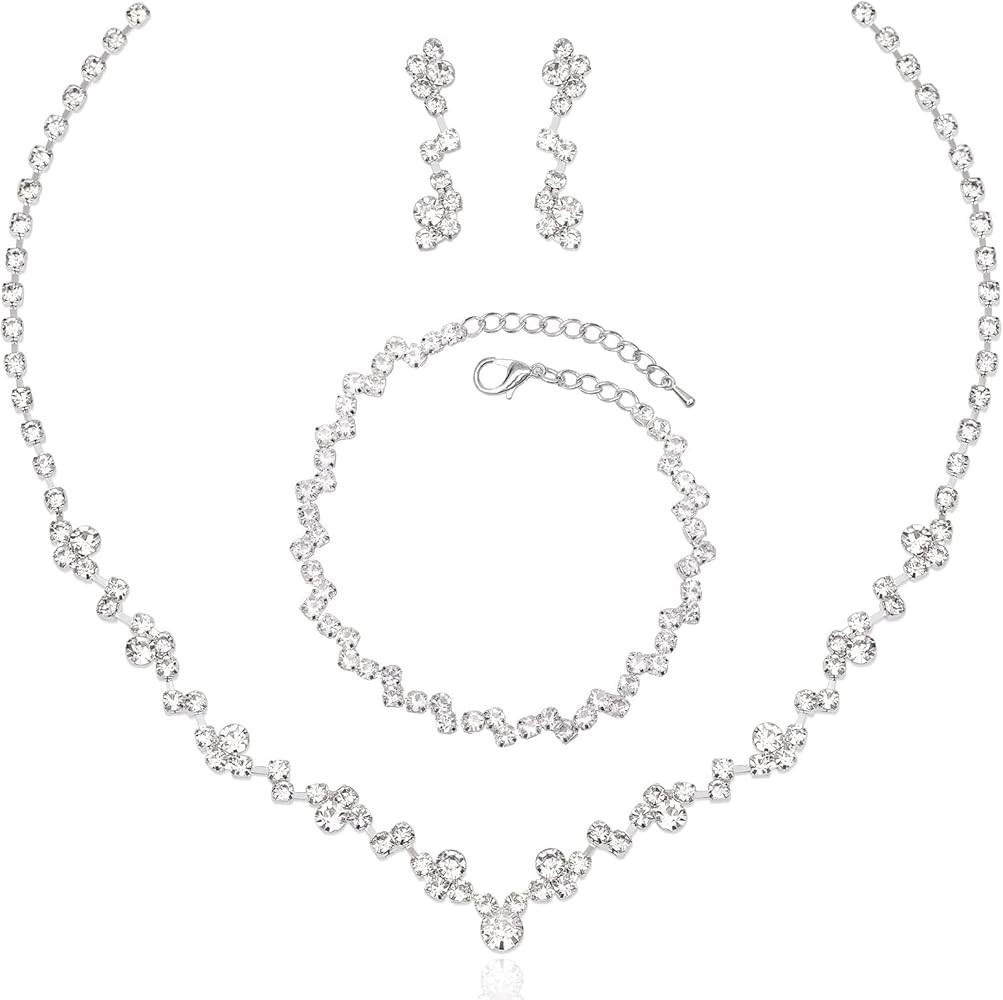 Elegant Necklace Earrings Bracelet Crystal Bridal Wedding Jewelry Sets for Brides Bridesmaid Prom... | Amazon (US)