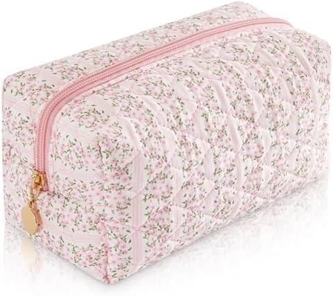 Makeup Bag Travel Toiletry Bag for Women, Small Cosmetic Bags Cute Quilted Cotton Makeup Pouch fo... | Amazon (US)