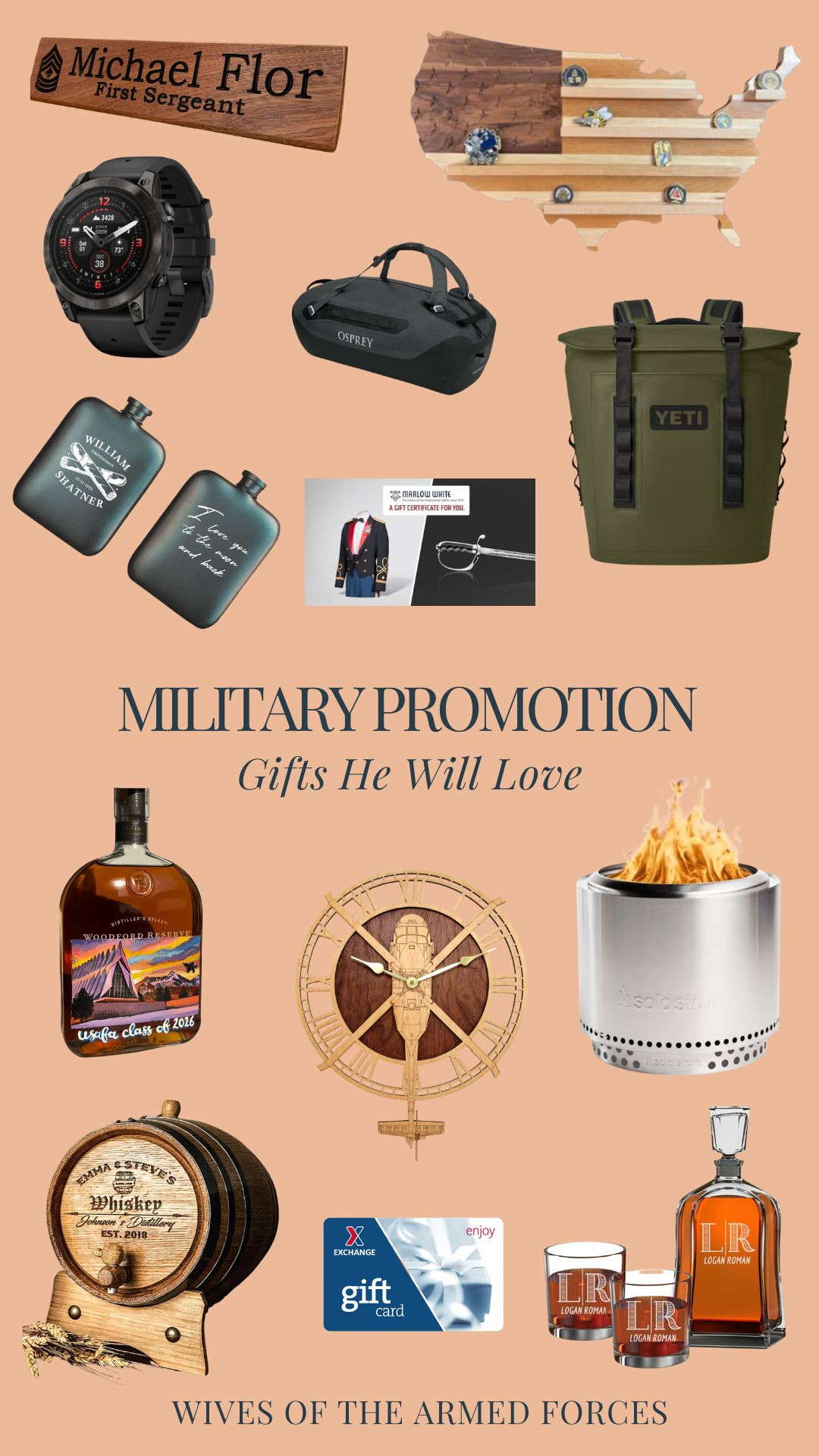 Military promotion and graduation season is here! This gift guide covers all price ranges and interests, from practical gear to personalized office decor and custom pieces that actually mean something.

A couple of highlights worth noting:

PX/BX Gift Cards: It sounds simple, but it's genuinely one of the most thoughtful gifts you can give. New ranks, medals, pins, uniform pieces... it adds up fast, and having a gift card ready takes the stress off. For a full uniform reset (Army families, this one's for you), Marlow White is always a solid recommendation.

@katrinaeugenia on IG: We were not able to link, but if you want something truly special, she's your person. She creates stunning custom-painted pieces, such as the USAFA whiskey bottle featured here, and offers military discounts. Reach out via DM or email to inquire.
