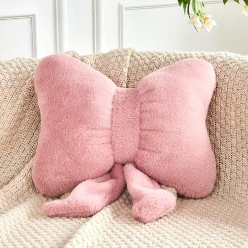 XVTRU Dusty Pink Bow Pillow, Soft Bow Decorative Pillows with Faux Rabbit Fur, Cute 12" Bow Throw Pillows, Aesthetic Home Decor Bow Shaped Plush Pillow for Bedroom Sofa Couch | Amazon (US)