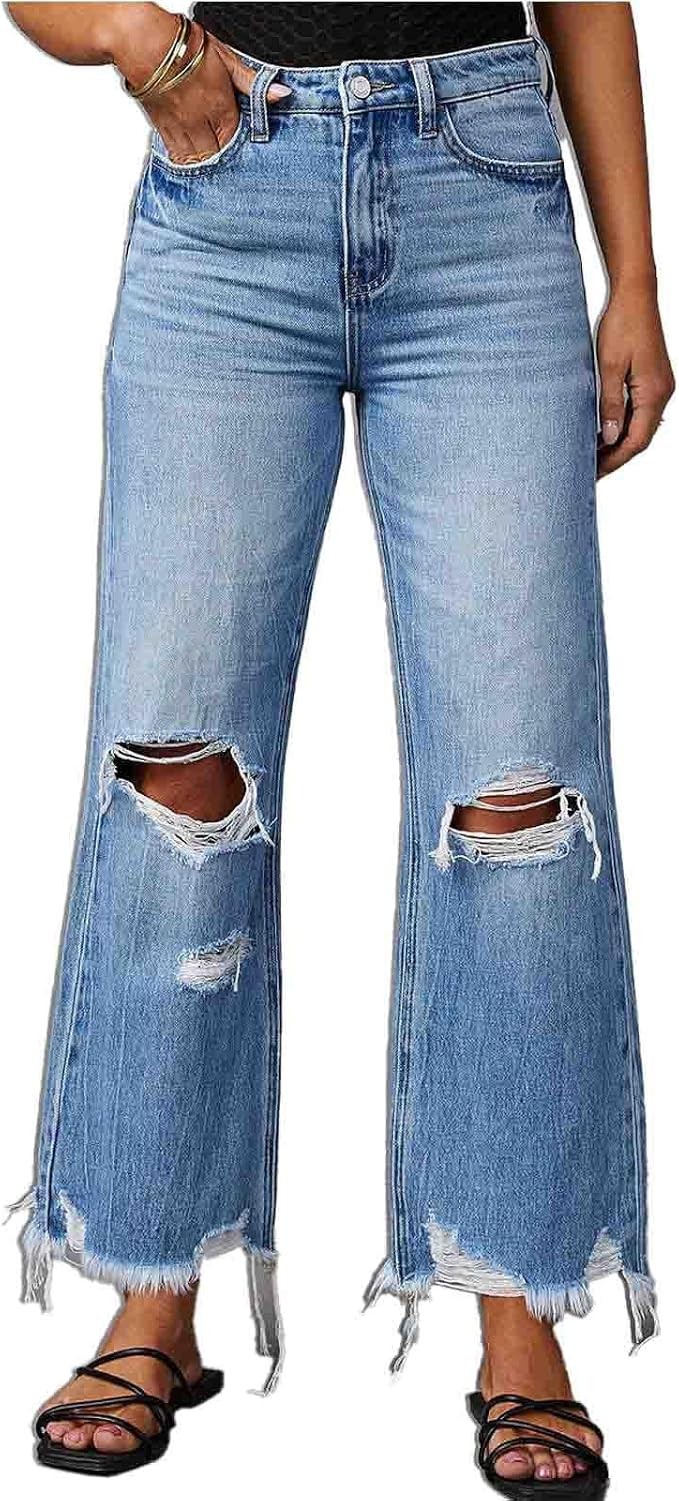Women’s High Waisted Wide Leg Ripped Denim Pants Straight Leg Casual Stretch Jeans | Amazon (US)