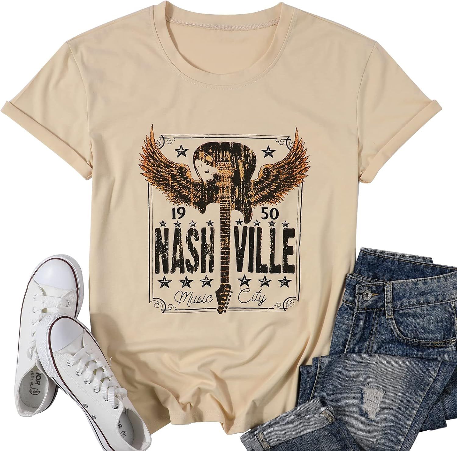 MOUSYA Women Nashville Music City Shirt Distressed Guitar Wings Graphic Tee Rocker T Shirt Vintag... | Amazon (US)