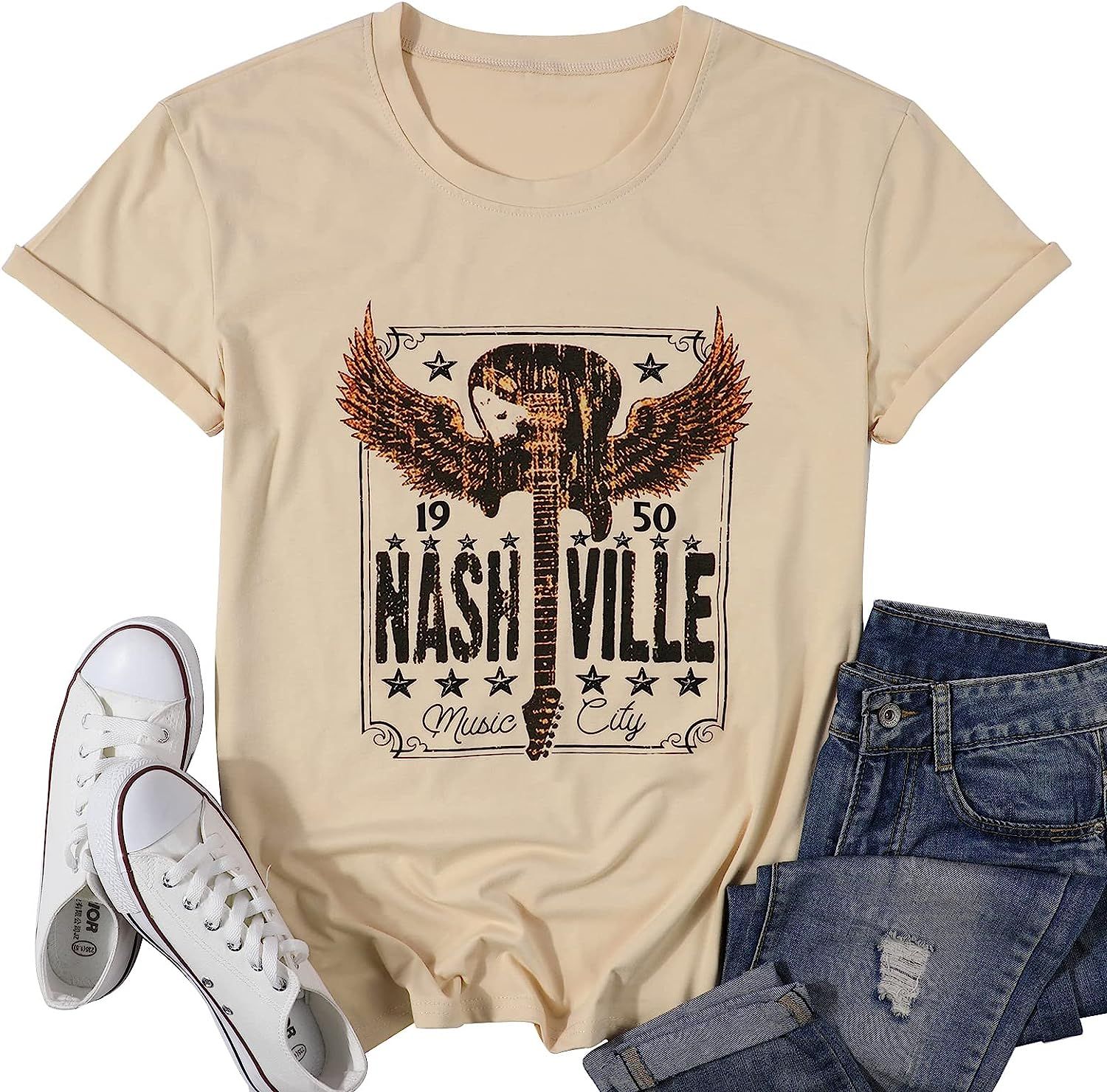 MOUSYA Women Nashville Music City Shirt Distressed Guitar Wings Graphic Tee Rocker T Shirt Vintage C | Amazon (US)