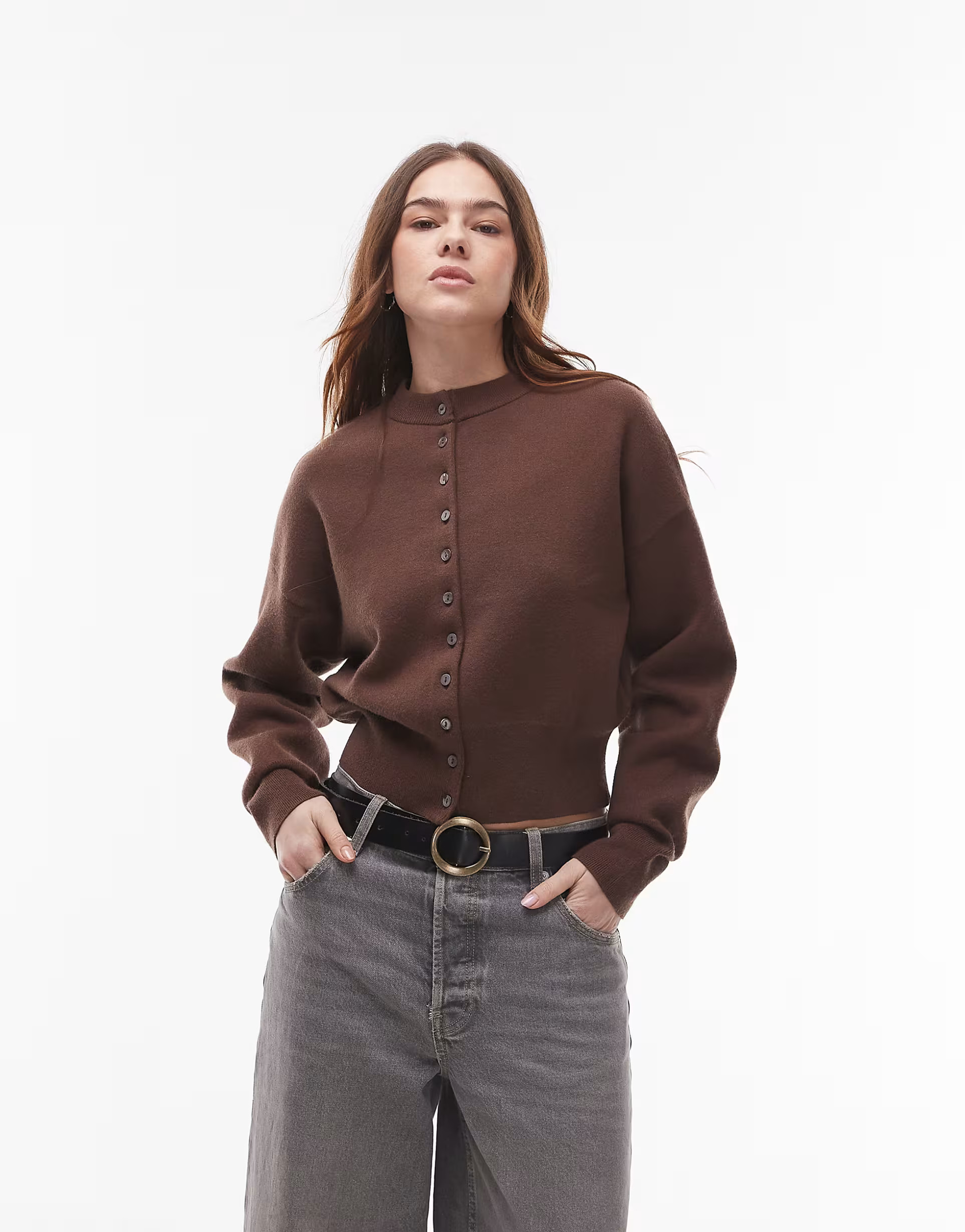 Topshop knitted compact fitted waist cardi in chocolate | ASOS | ASOS (Global)