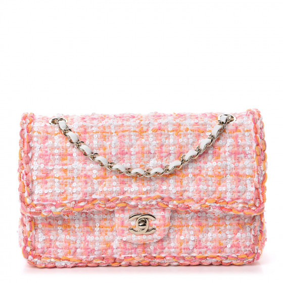 Tweed Braid Sequin Medium Flap White Pink Orange | Fashionphile