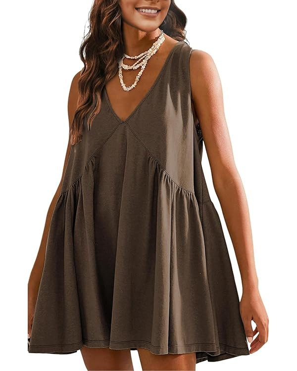 OPCAKM Women's V Neck Sleeveless Mini Dress Loose Summer Pleated Swing Flowy Sundress | Amazon (US)