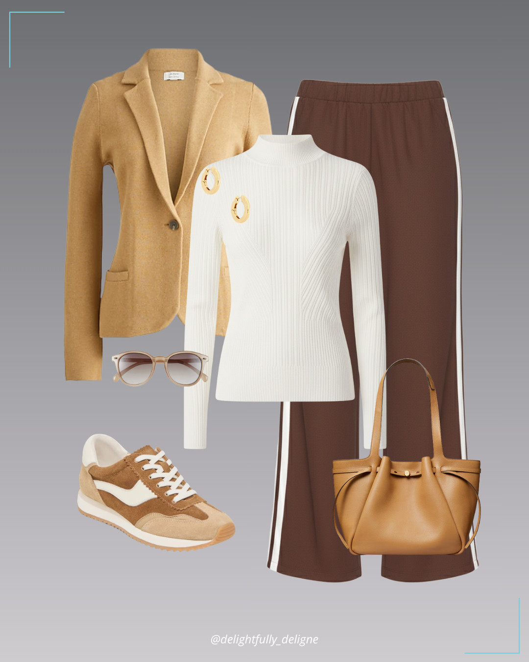 Cozy Thanksgiving Edit 🤎  Schoolboy sweater blazer, ribbed mock neck sweater, tailored trousers, brown suede sneakers, Tory Burch tote, medium hoops & round sunglasses. 

 #LTKOver40 #LTKStyleTip #LTKWorkwear