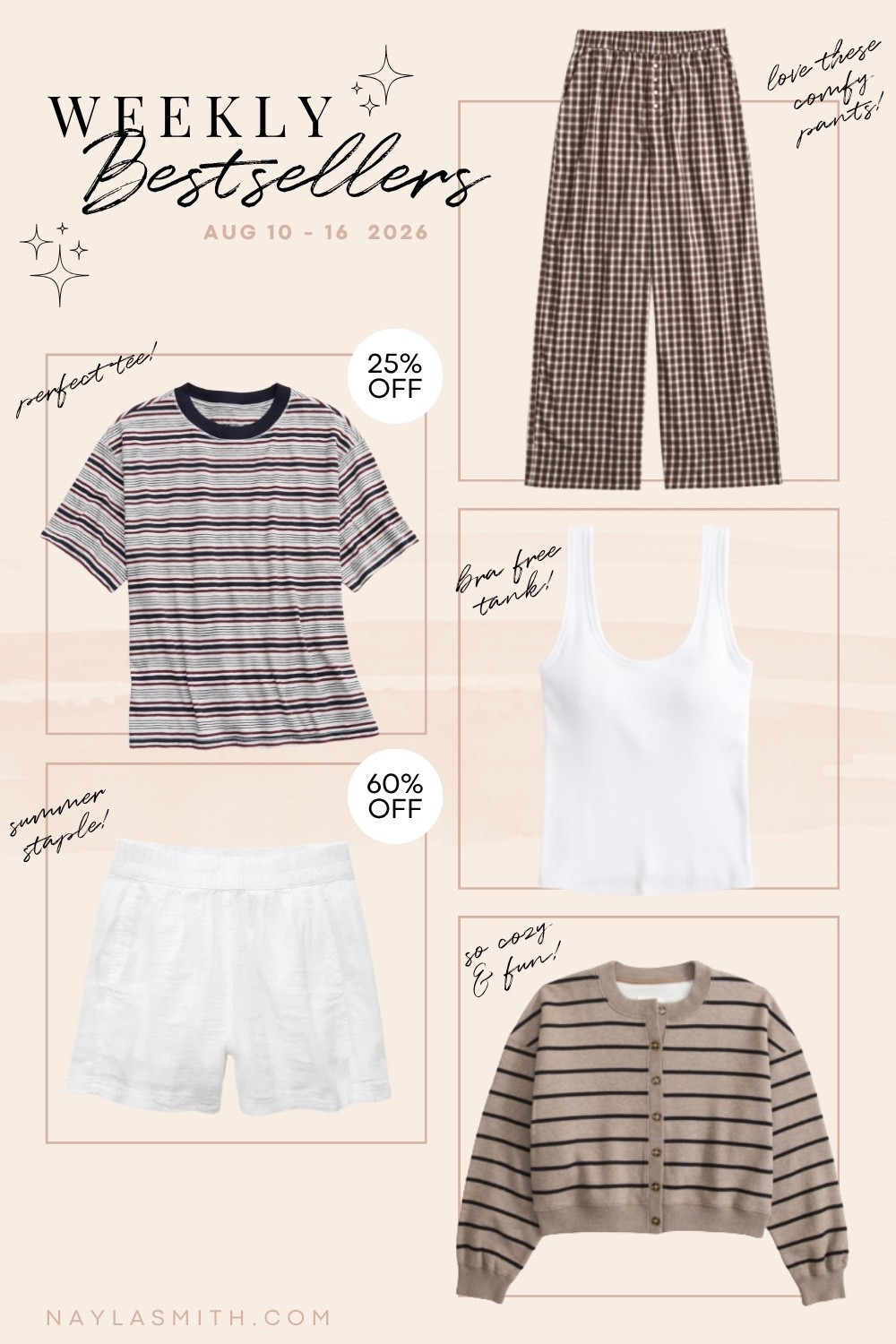 Weekly Bestsellers!! Striped tee (I wear L), gingham pants (I wear M), bra free tank top (I wear M), sweatshirt cardigan (I wear L), white shorts

#LTKsummer #LTKsale #LTKfall