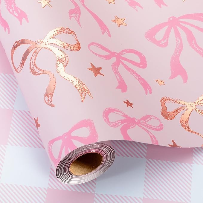 MAYPLUSS Pink Wrapping Paper Roll, Cute Bow Gift Wrap, Reversible Plaid Gift Paper for Girl Baby ... | Amazon (US)