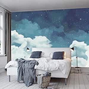 WFBHUA-Vintage Cloud Wallpaper Hand Painted Blue and White Clouds Stars Kids Wall Murals Decor fo... | Amazon (US)