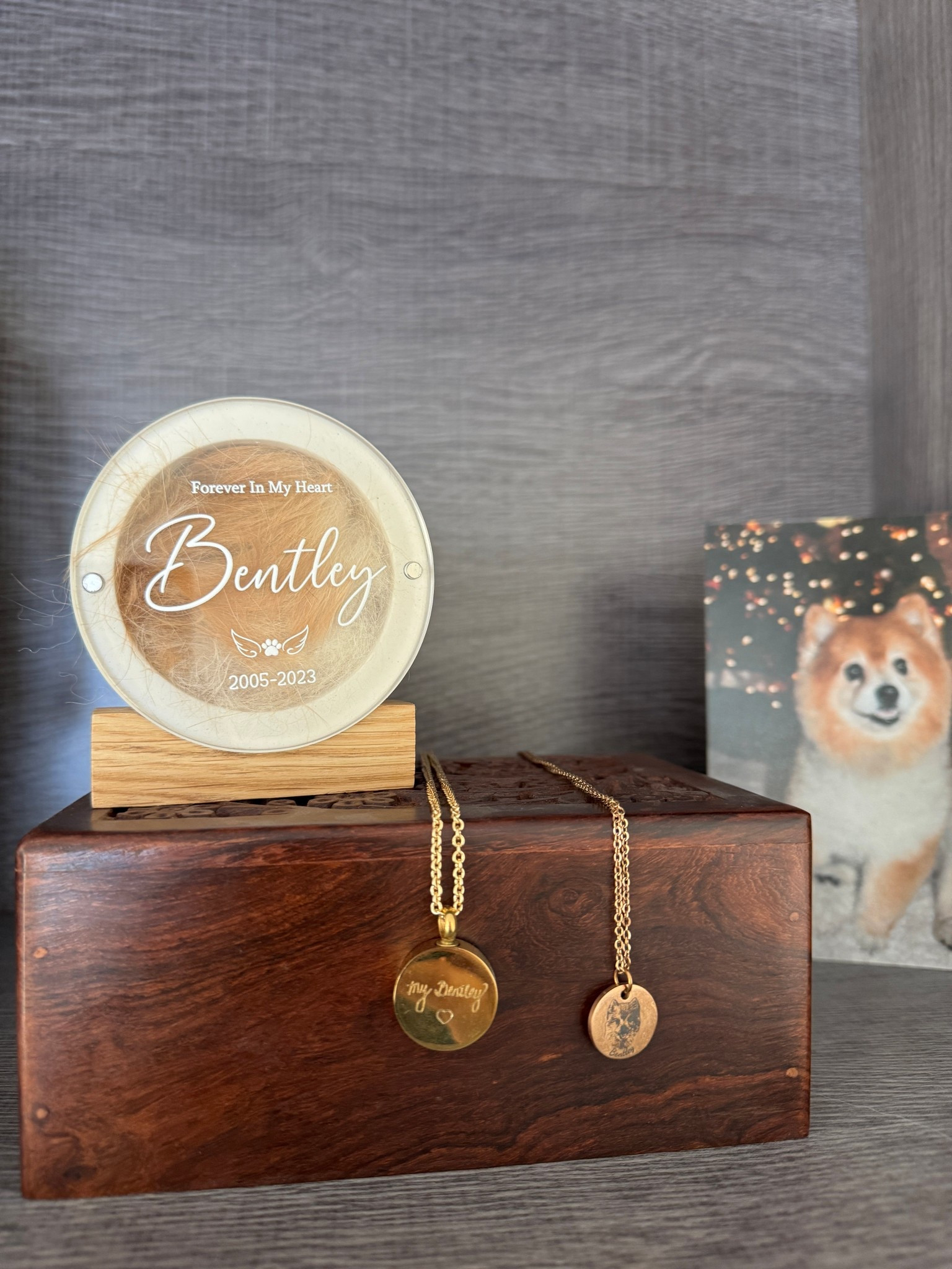 My furbabies dog memorial 🥹 After 2 years and our recent family dog passing, I finally got a hair memorial keepsake to pay tribute to my late Bentley and I love it!

The necklace hanging in the middle is my handwritten writing and holds  some of his ashes. I miss his little face every day 💔  #LTKPets 

#LTKHome #LTKFindsUnder50