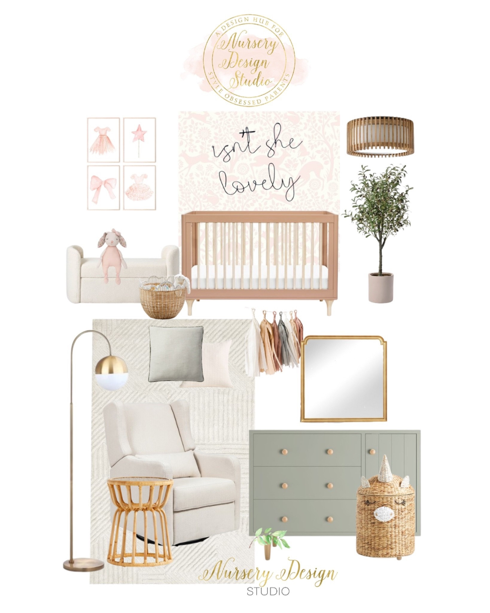 Pretty pink, sage and cream girl’s room design 

Pink nursery wallpaper, sage crib, nursery glider, floor lamp, pink crib, nursery plant, nursery bench 



#LTKkids #LTKhome #LTKbump