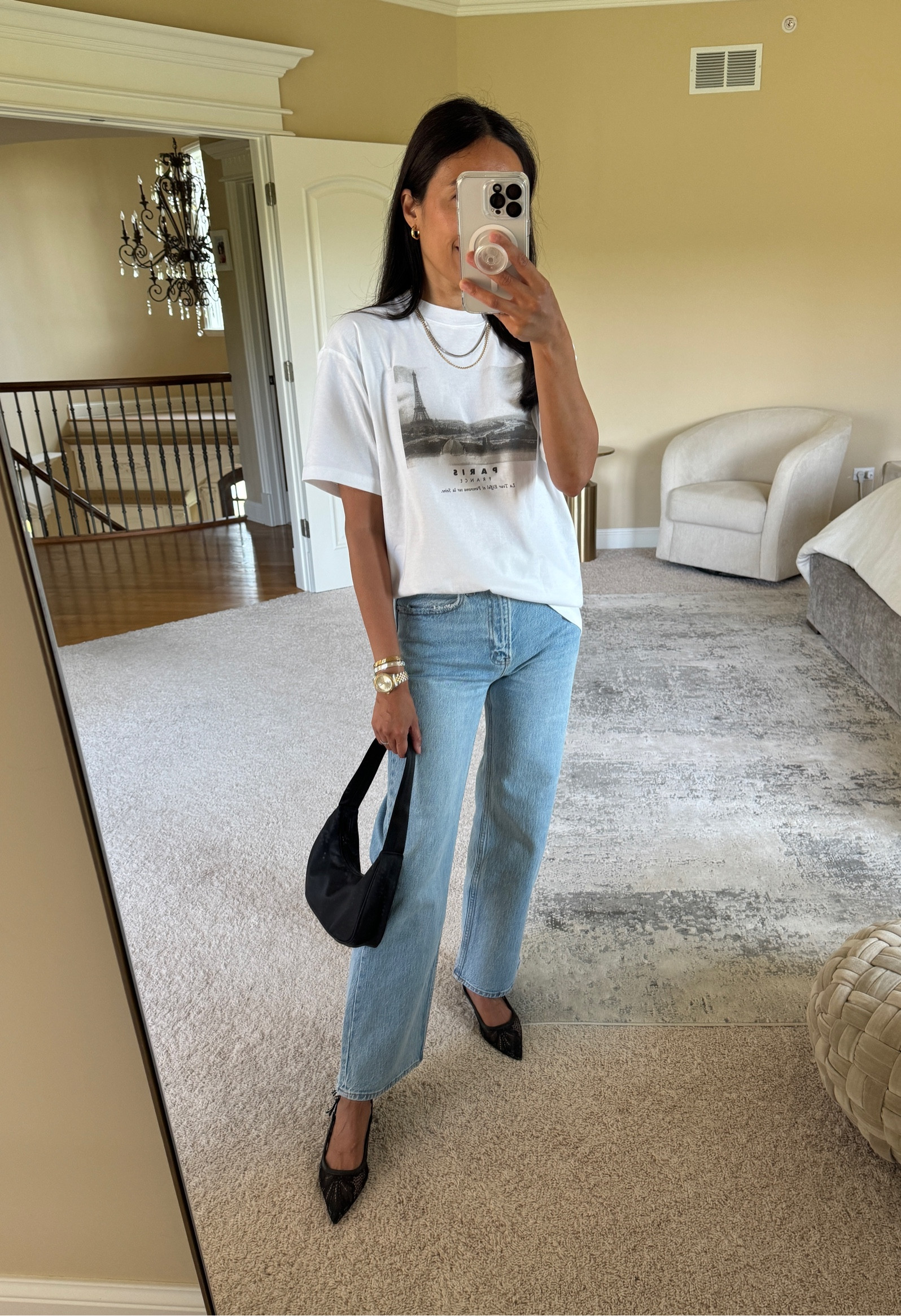 When the shoes inspire the outfit. In love with these lacey kitten heels. Gives the perfect amount of edge to casual or dressy outfits. They are currently on sale for $28. Size down if in between. 
And the is simple oversized graphic tee is a good one also on sale for $14. 
A favorite style of jeans comes in multiple washes and lengths. True to size and in the short length. 
Mixed metals jewelry to go with the edgy vibe  
Black shoulder bag is good for the price too.  #ltkfindsunder100 #ltksalealert #ltkfindsunder50