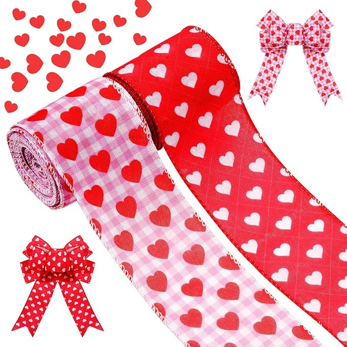 2 Rolls 12 Yards Valentine's Day Wired Edge Ribbon 2.5 Inch Love Red Heart Printed Ribbon Valenti... | Amazon (US)