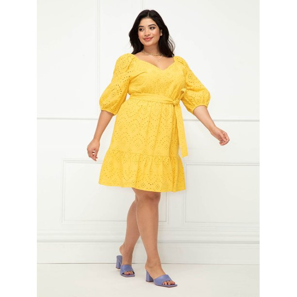 ELOQUII Elements Women's Plus Size Belted Eyelet Dress - Walmart.com | Walmart (US)