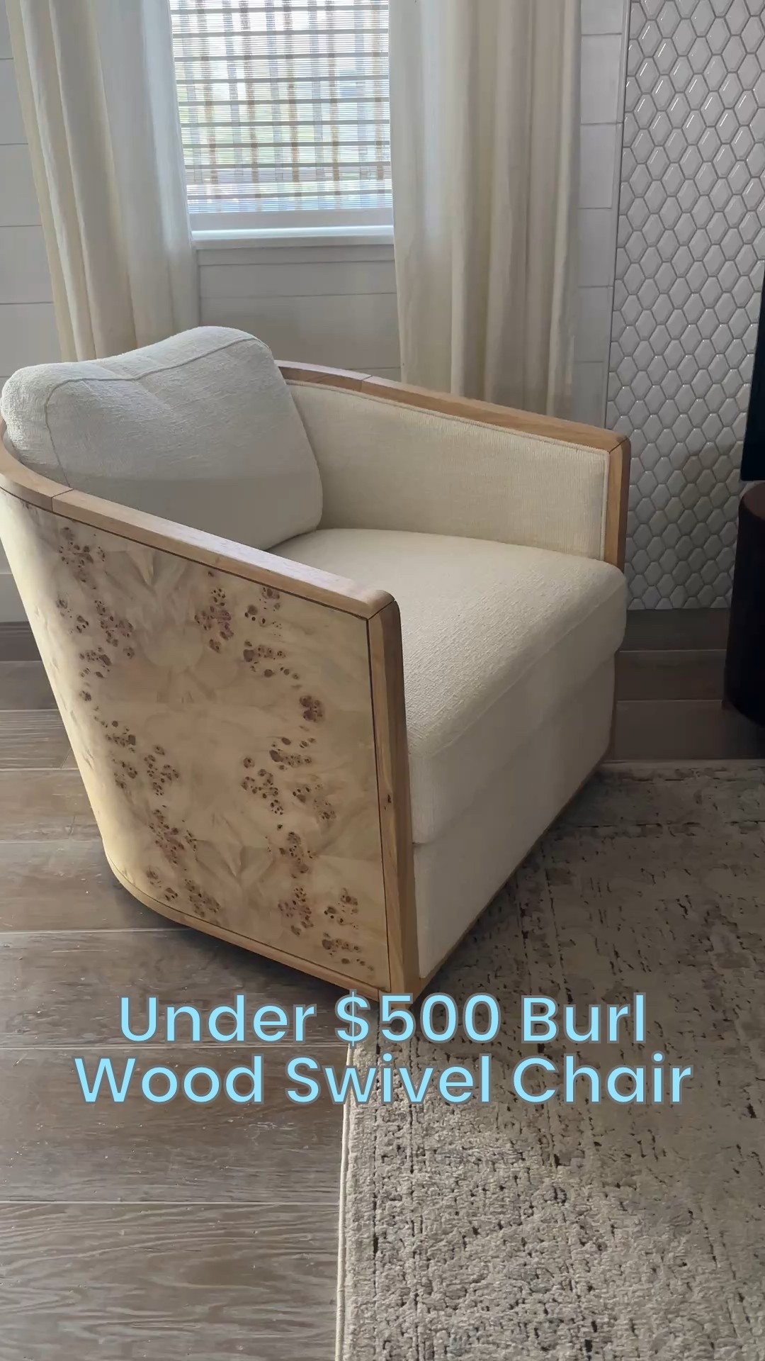 Burl wood swivel chair for under $500. Looks like high end designer armchair for way less! RH Restoration Hardware swivel chair dupe. Light wood real burl wood finish and chunky heavy knit durable upholstery fabric in off white. Sloped arms and swivel chair detail, great for organic modern or transitional design style living room like Studio McGee. On sale with fast free shipping. Limited stock so be quick! #swivelchair #restorationhardware #armchair #burlwood #studiomcgee

#LTKSeasonal #LTKHome #LTKSaleAlert