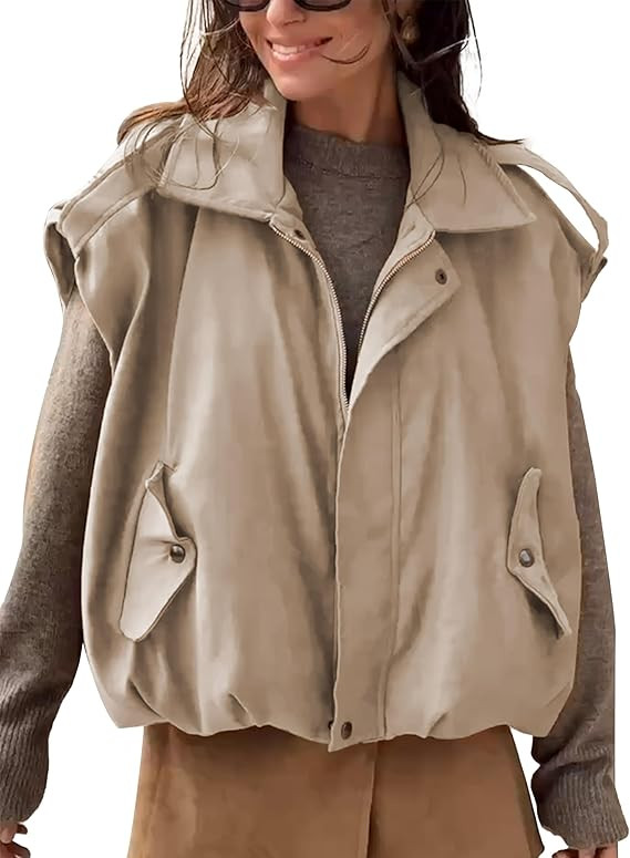 Women's Faux Suede Bomber Vest Casual Oversized Sleeveless Jacket Fall Spring Lapel Coat Trendy S... | Amazon (US)