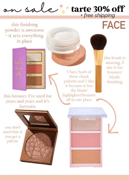 My longtime favorite cosmetic brand is 30% off plus free shipping today! Tarte is the best. Love these cheek palettes and bronzer! The finishing powder is great and I use this brush for all of it! 

#LTKsalealert #LTKbeauty #LTKunder50