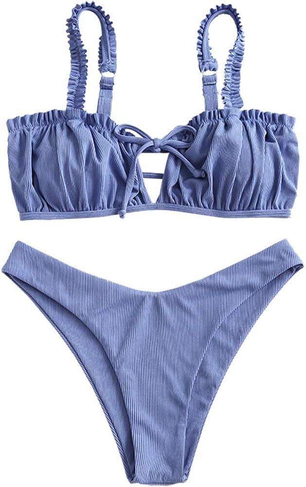ZAFUL Women's Tie Cutout Keyhole Cami String Bikini Set Two Piece Swimsuit | Amazon (US)