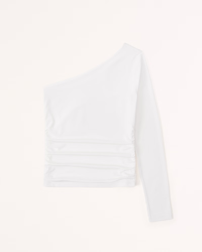 Long-Sleeve Slinky Jersey Asymmetrical Ruched Top | Abercrombie & Fitch (US)