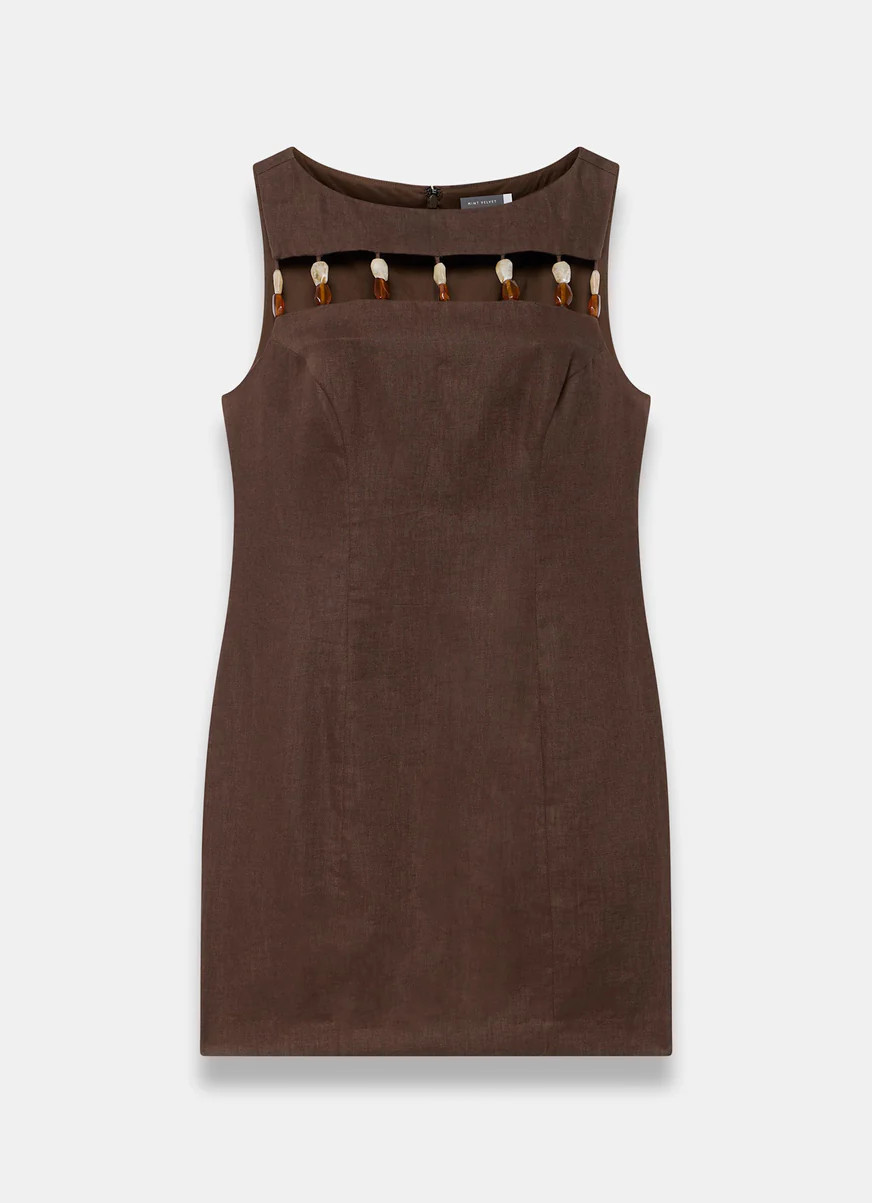 Brown Linen Beaded Mini Dress | Mint Velvet